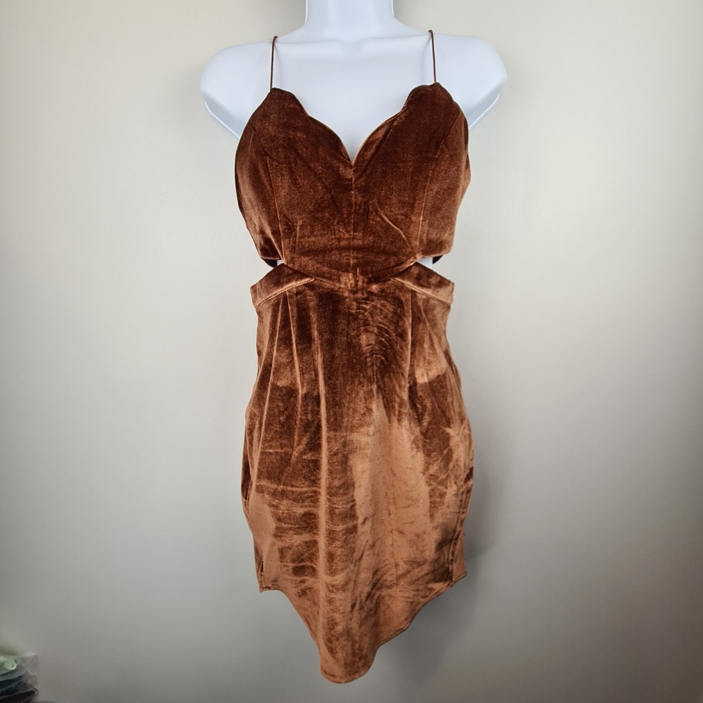 Angel Biba Brown Velvet Cut Out Bodycon Mini‎ Dress Size 10 Criss Cross Back